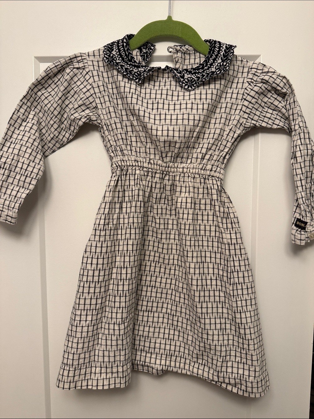 Girls White Grid-Print Dress with Embroidered Black Collar